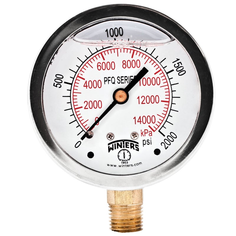 Winters 2-1/2" Dial Size, Liquid Filled Industrial Pressure Gauge, Brass Internals, Stainless Steel Case, Dual Scale 0-2,000 psi/kPa, 1.5% Acc, 1/4" NPT Bottom Mount, Glycerin Filled Pressure Gauge
